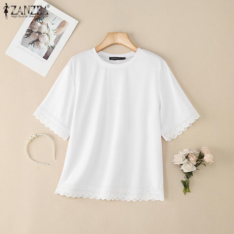ZANZEA Damska codzienna bluzka z okrągłym dekoltem, koronkowymi wstawkami i krótkim rękawem