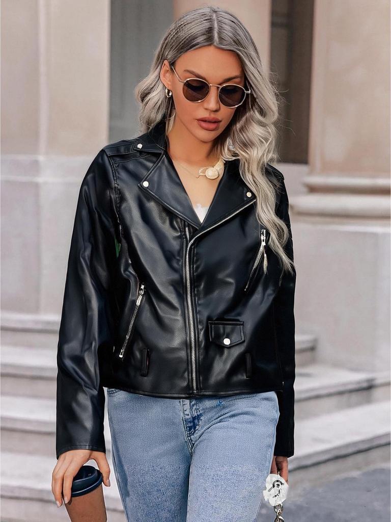 Women's Autumn 2025 Slimming Slanted Zip Short Leather Motorcycle Jacket