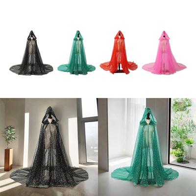 Women Wedding Tulle Cape Shiny Hooded Elf Cloak Bridal Dress