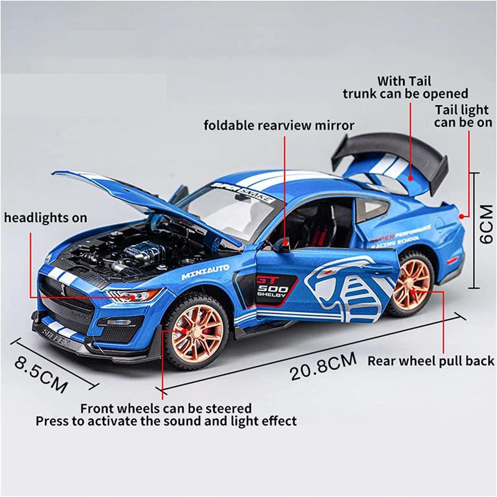 Maßstab 1:24 Mustang Shelby GT500 Druckgussauto-Modellspielzeug, zurückziehbares Spielzeugfahrzeug mit Ton und Licht für Kinder, Kleinkinder, Jungen und Mädchen, Geschenkkollektion
