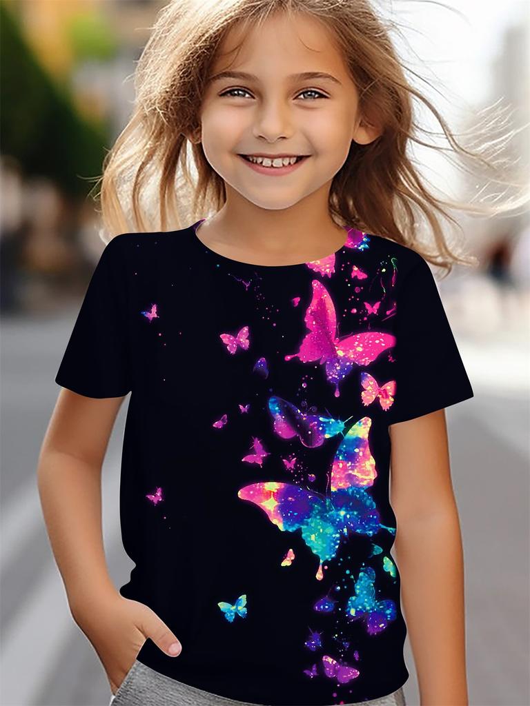 Children's Clothing Girl Clothes Short Sleeve Girl T-Shirt Prety Butterfly Print Kawaii Round Neck Girl Top Kids Summer Clothes