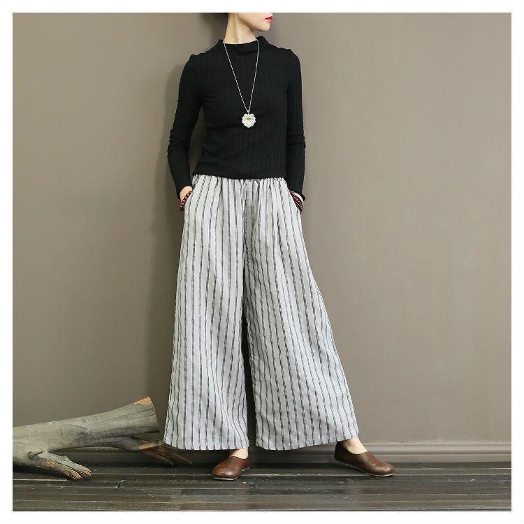 2023 Retro Cotton Linen Striped Wide-Leg Women's Slimming Cropped Pants - Japanese Style Summer Casual Wear