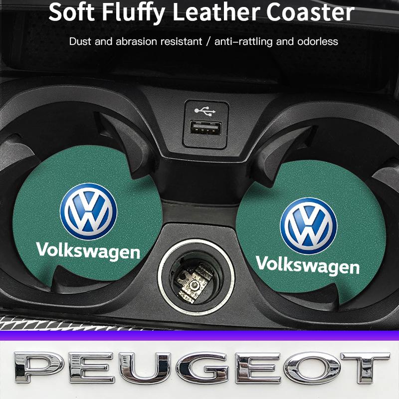 2Pcs Car Logo Coaster Suede Water Cup Anti-Slip Pads Keychain For VW Golf Amarok T5 Phaeton Teramont ID3 Tiguan T-Cross Passat