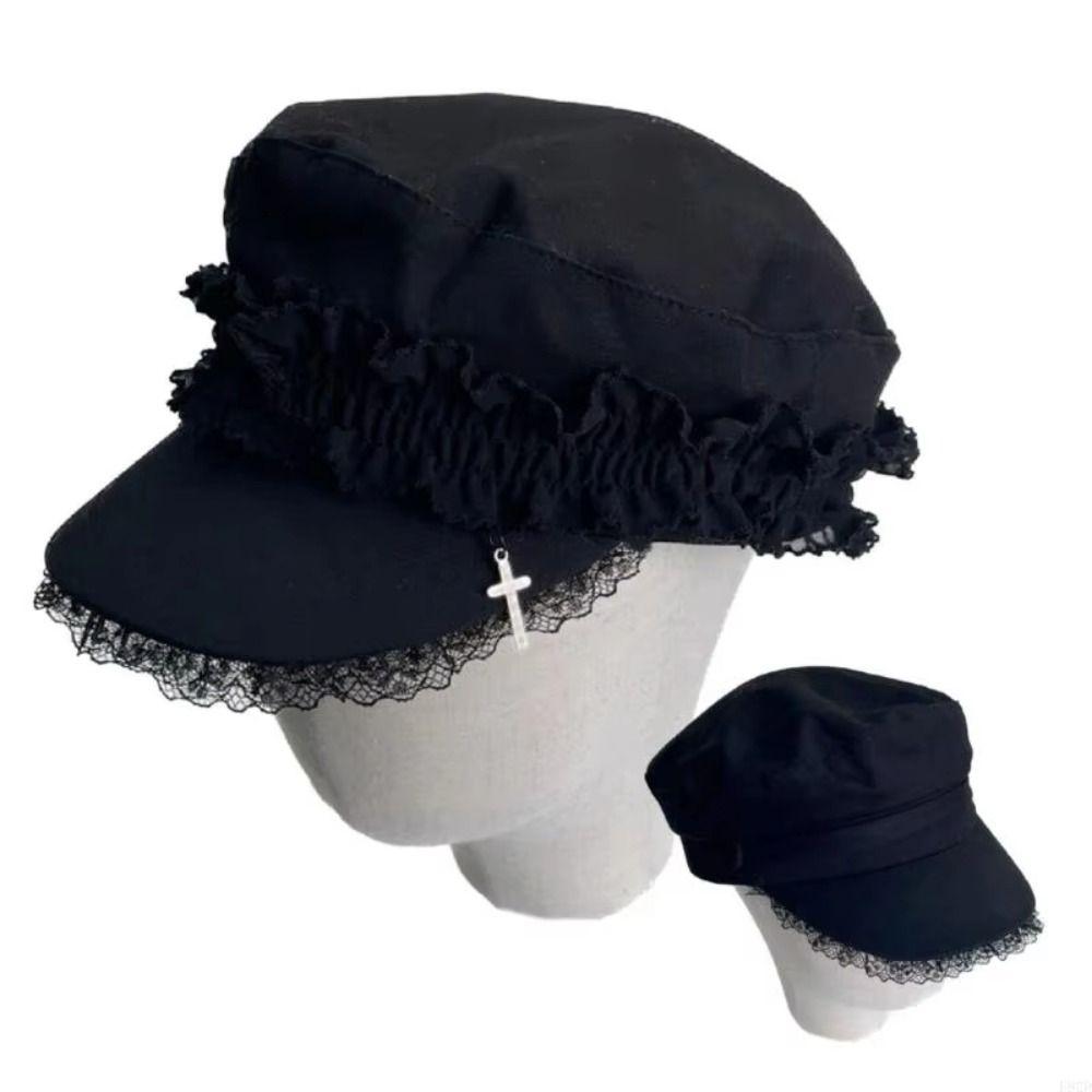 Cool Black Y2K Hat Girl Double Layer Lace Outdoor Sun Hat Versatile Lace Beret Caps  Women Ladies