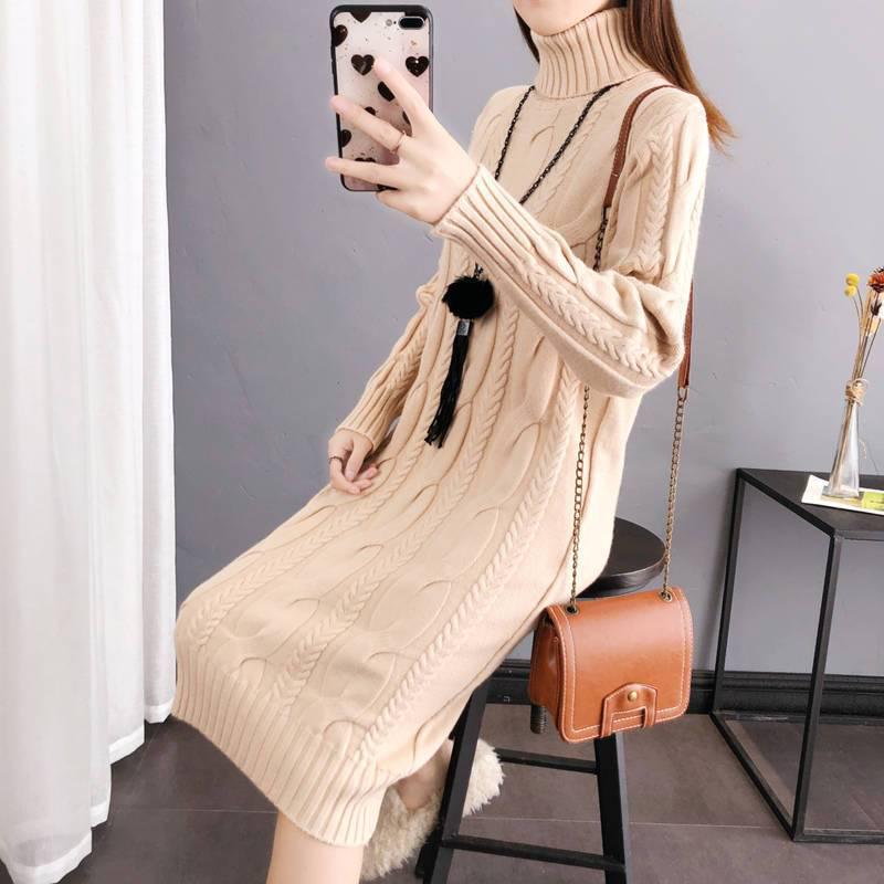 Women's Plush/Non-Plush Turtleneck Over-the-Knee Knitted Sweater Dress for Autumn & Winter