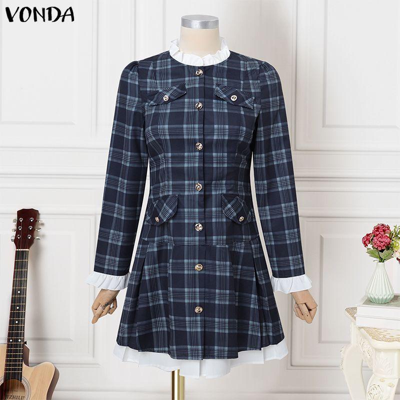 VONDA Rochie Casual de Damă cu Guler Înalt, Mâneci Lungi și Patchwork Plaid