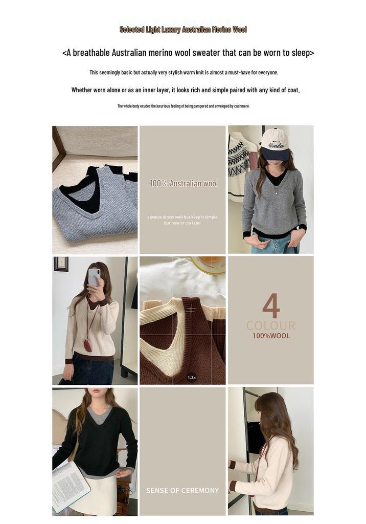 Women's V-Neck Wool Sweater: Color Block, Faux Two-Piece, Long Sleeve Knitwear