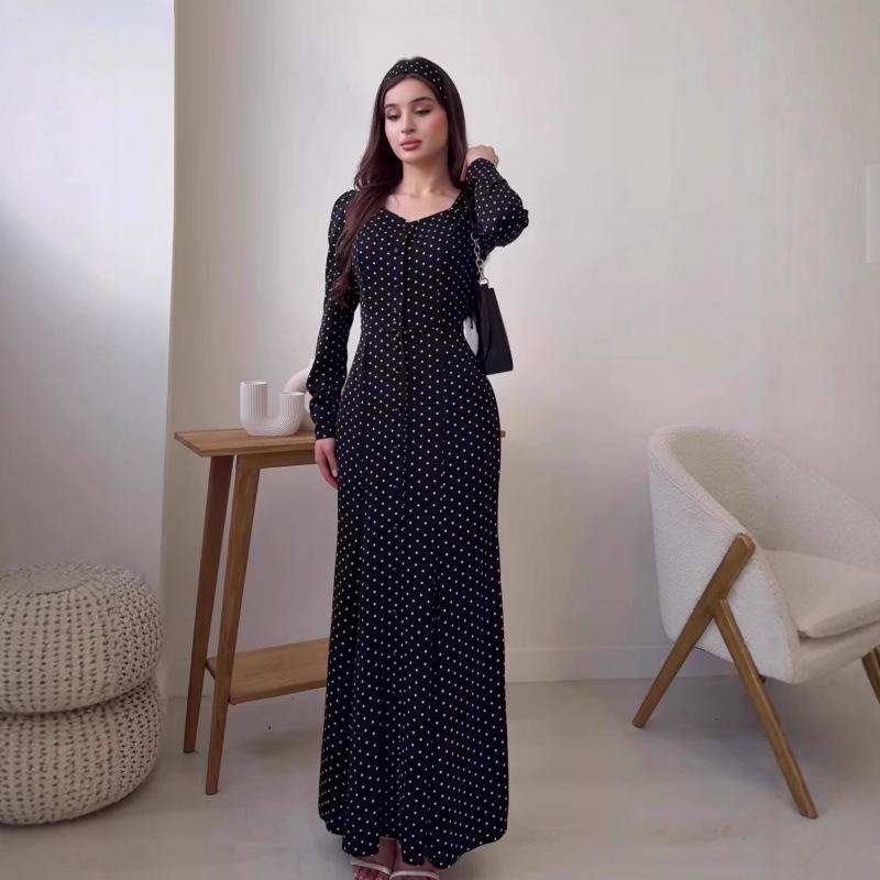 

2025 Autumn Square Neck Polka Dot Slimming Long Sleeve Dress Double Extra Large чорний