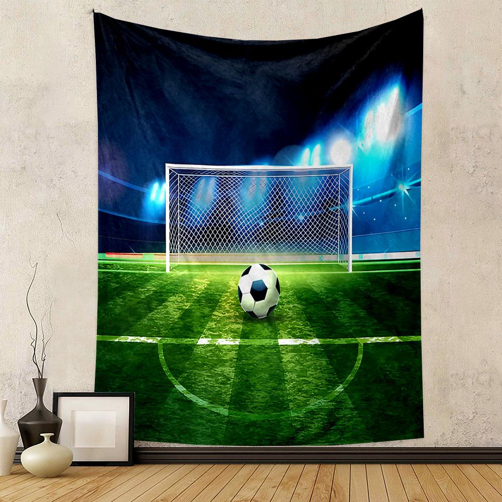 Soccer Ball and Goal on Stadium Field Patterned tapestry home decor, suitable for bedroom and living room, gift