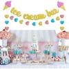 Gold Glittery Ice Cream Bar Sign Banner and Pink, Blue, Gold Heart Paper Garland for Birthday, Summer Theme Party, Baby Shower, Wedding Decorations -
