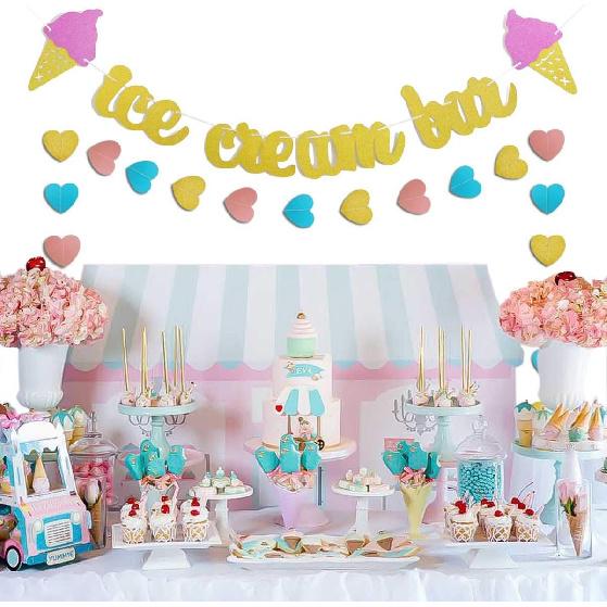 Gold Glittery Ice Cream Bar Sign Banner and Pink, Blue, Gold Heart Paper Garland for Birthday, Summer Theme Party, Baby Shower, Wedding Decorations -