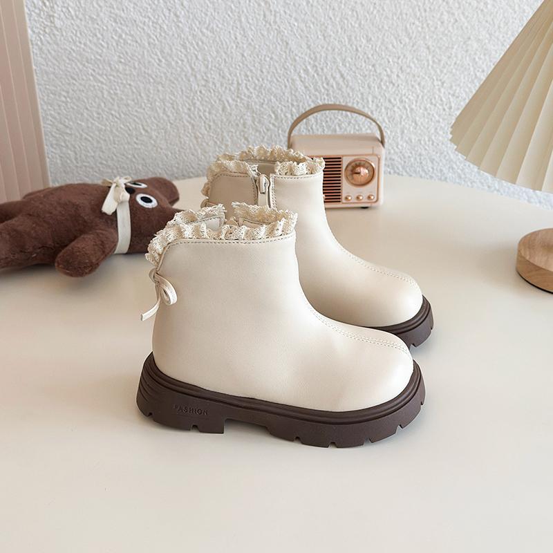 

Children Short Boots Korean Style Versatile Kids Leather Boots with Sweet Lace Girls Casual Boots Side Zipper 26 бежевый
