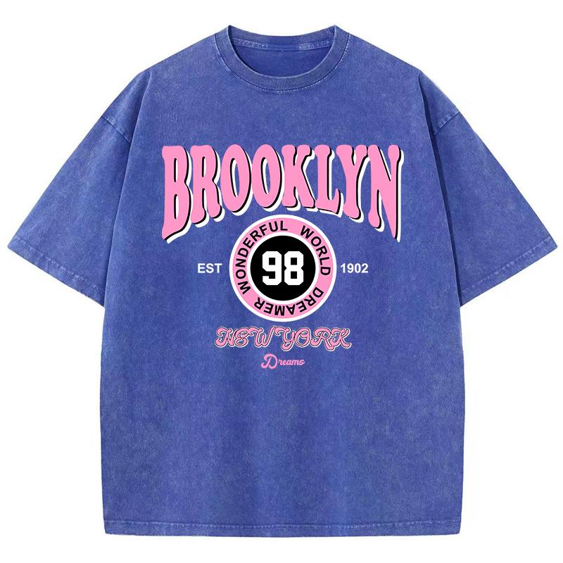 Camisetas Femininas Lavadas Brooklyn Wonderful World Dreamer Estampadas Algodão Oversize Gola Redonda Roupas de Rua