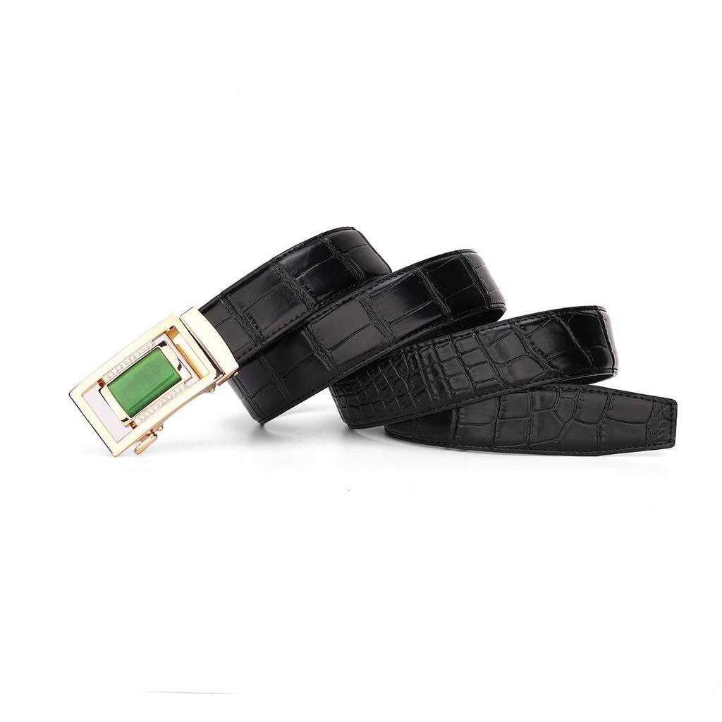 Men's Crocodile Pattern Jade Imitation Leather Belt with Rhinestone Buckle
