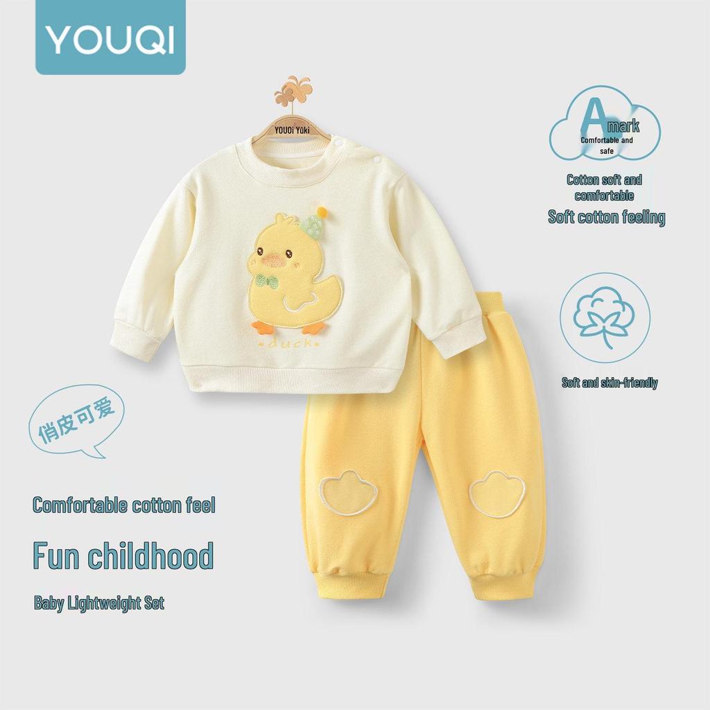 Youqi Baby Spring Collection: Long-Sleeved Hoodie & Sweatpants Set for Children - Versatile Outdoor Two-Piece Outfit.