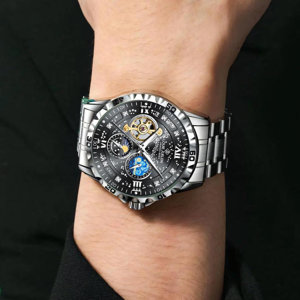 Luxury Automatic Mechanical Men Watch Fashion Moon Phase Business Watches Hollow Tourbillon Stainless Steel Men Wristwatch