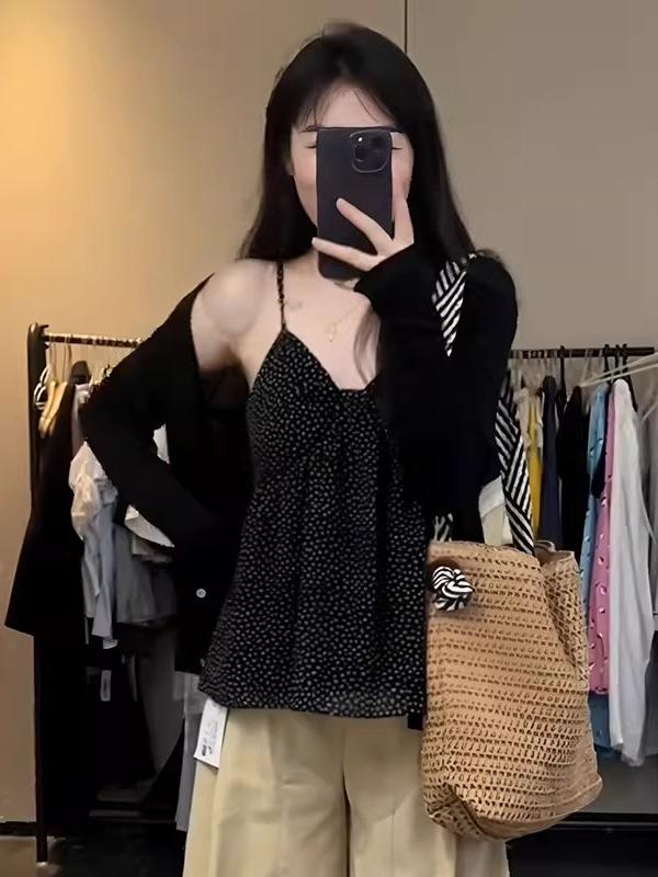 Dwuczęściowy komplet w groszki w dużych rozmiarach: Francuski Retro Top na Ramiączkach i Kardigan