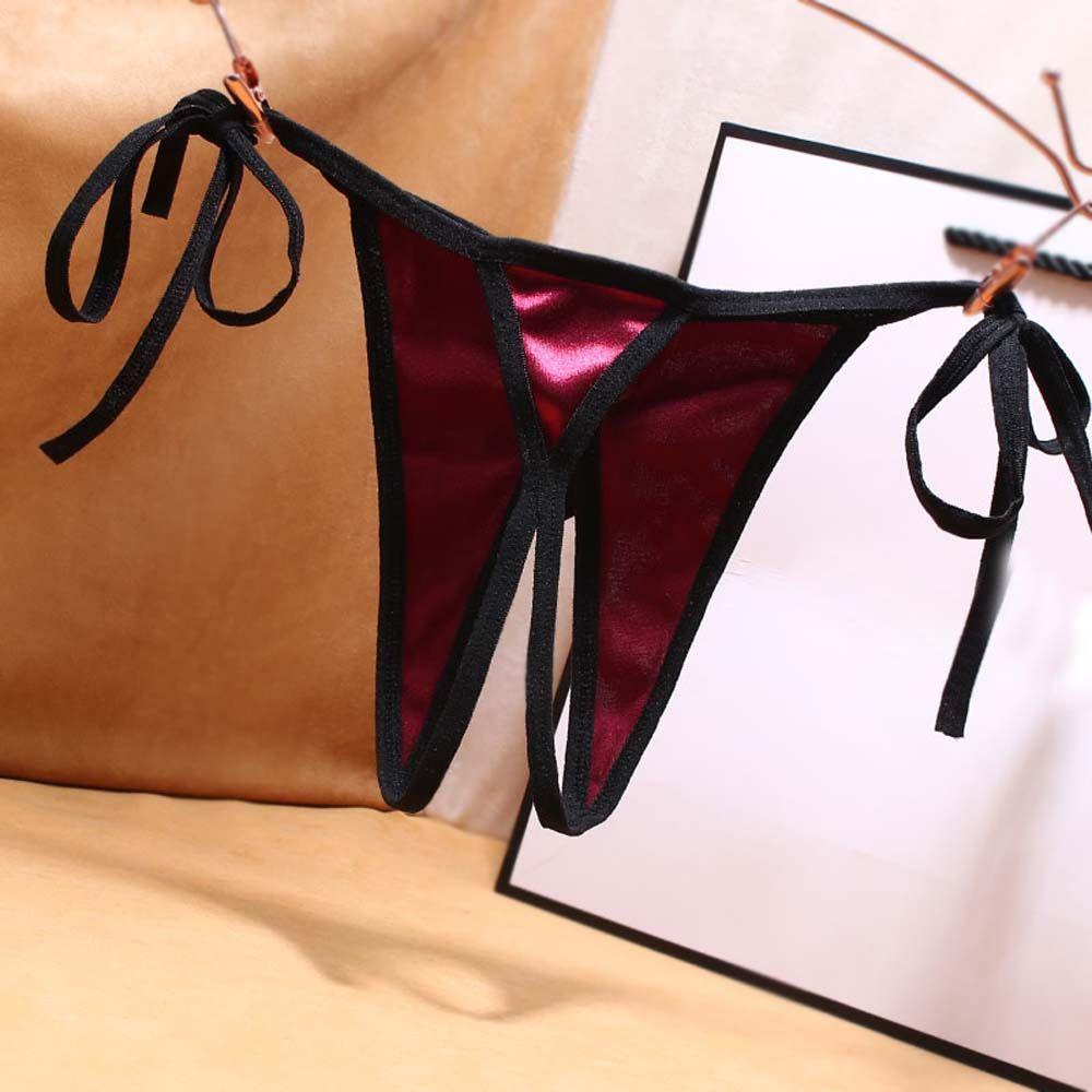 Bow G-Strings Satin Open Crotch Solid Color Bandage Women Panties Sex Thongs T-Pants Underwear