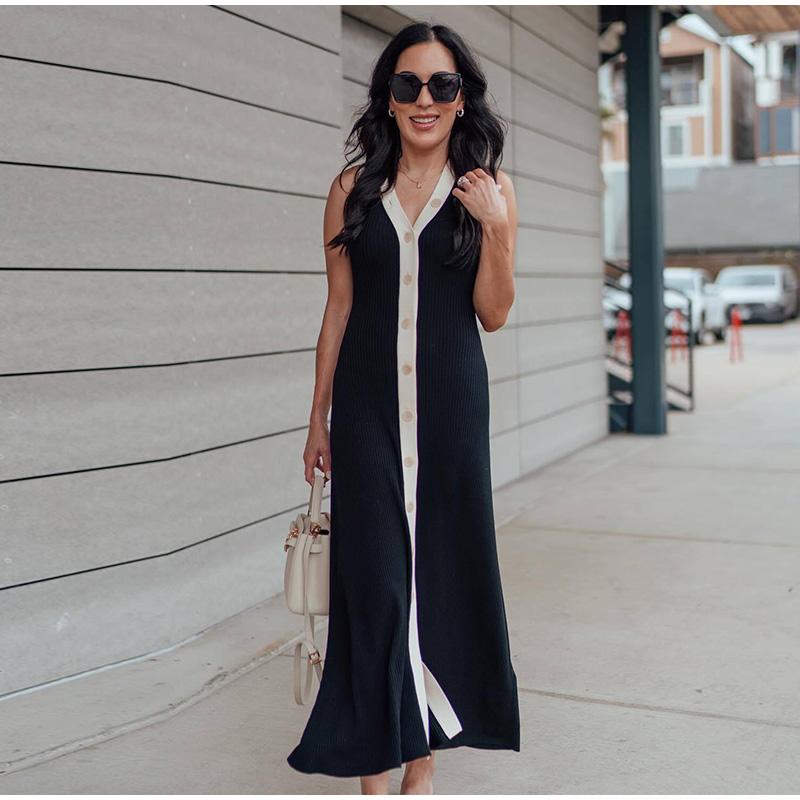 Contrast Knit Long Dress Women Sleeveless V-neck Slim Hip Package Female Dresses Casual Single Breasted Elegant Lady Robe