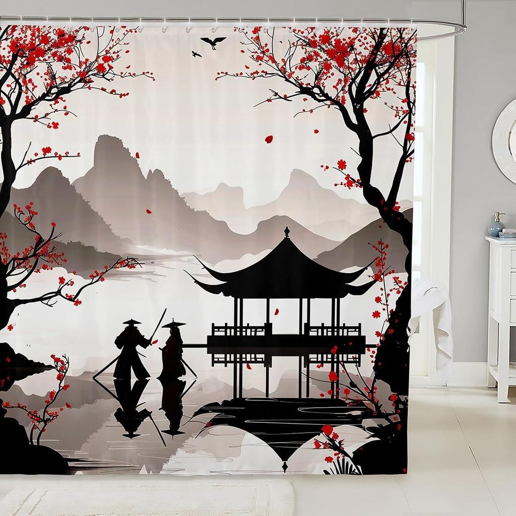 Japanese Samurai Bath Curtain Boys Girls  Landscape Shower Curtain for Kids Women Men Waterproof Sunset Bathroom Shower Curtain