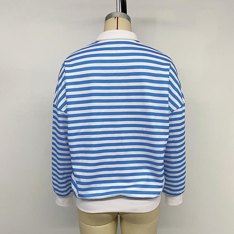 Women's Retro Striped Polo Collar Long Sleeve Hoodie - Loose Fit Autumn/Winter 2026 Pullover