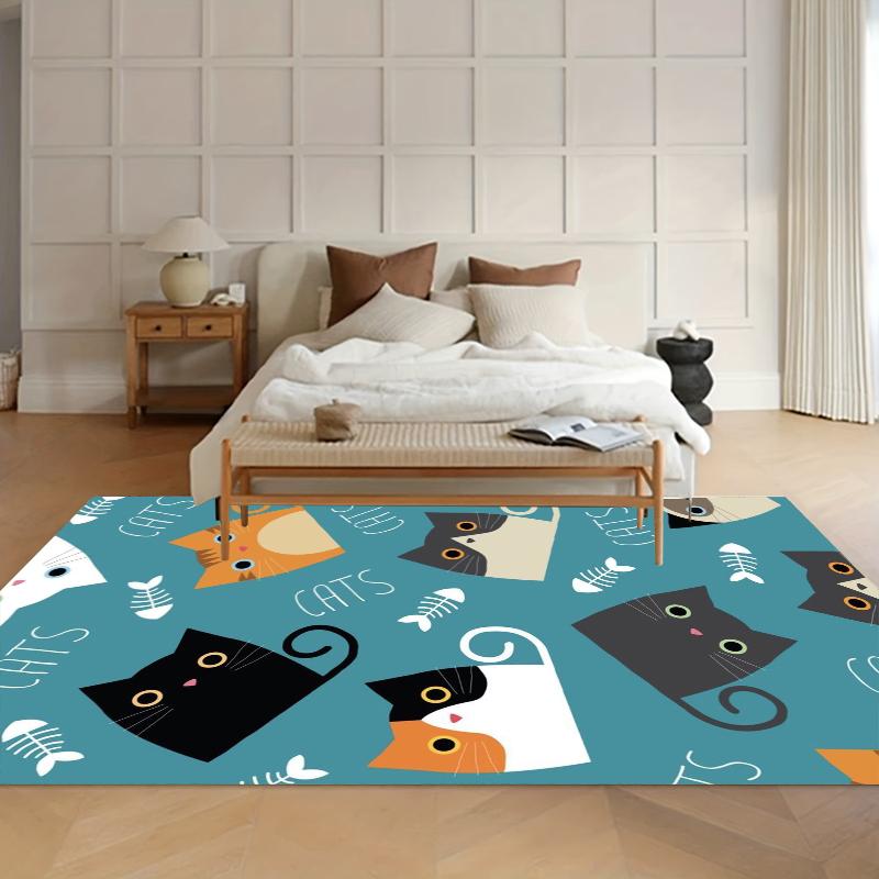 Cute Cartoon Cat Print Non Slip Area Rug Soft Washable Entryway Floor Mat for Living Room Bedroom Kids Room Cat Lover Decor