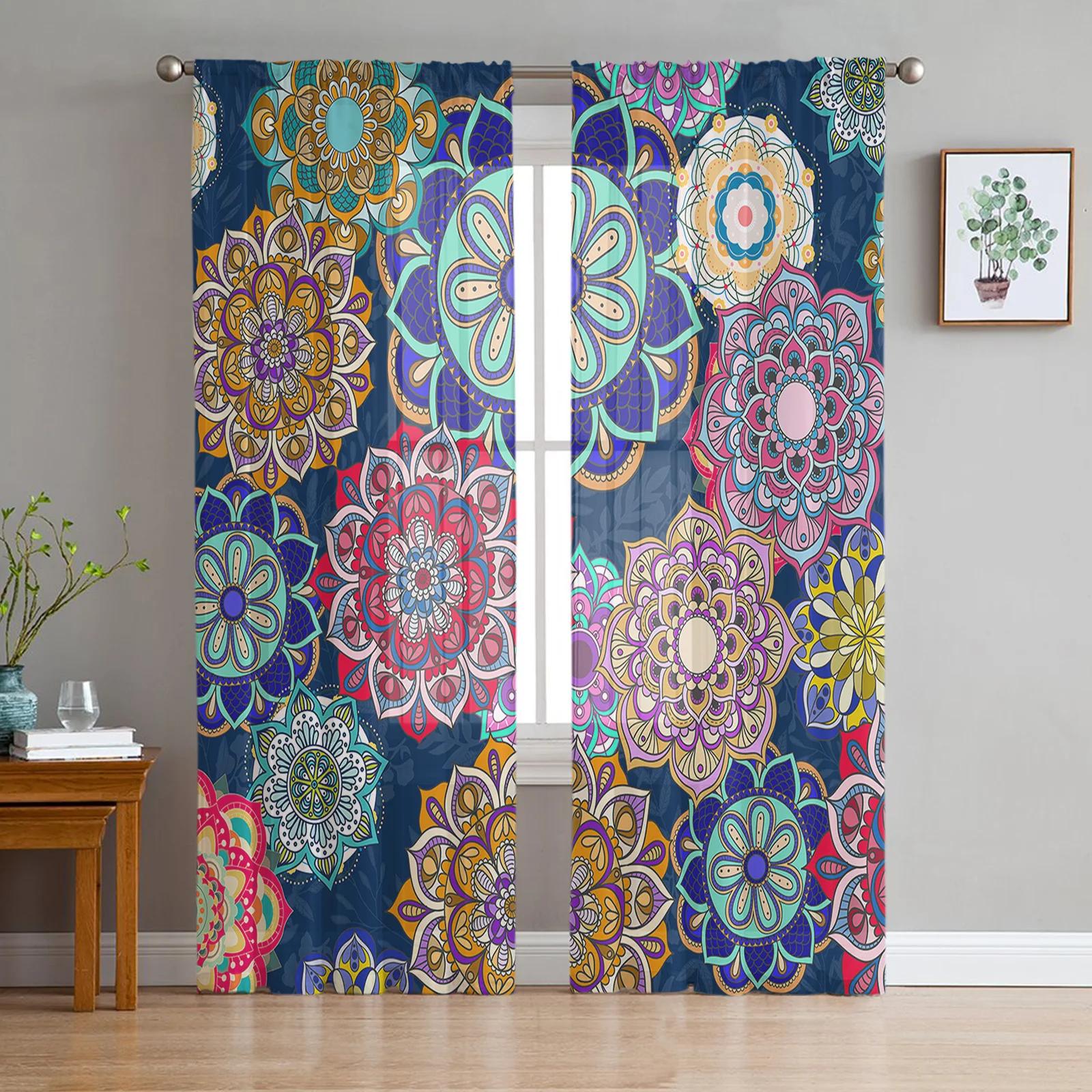 

Mandala Bohemian Transparent Curtains for Bed Chamber Living Room Ornamentation Window Panel Curtain for Cooking Area Netting Voile Organza Drapes W135 x H115cm x1&Rod Pocket