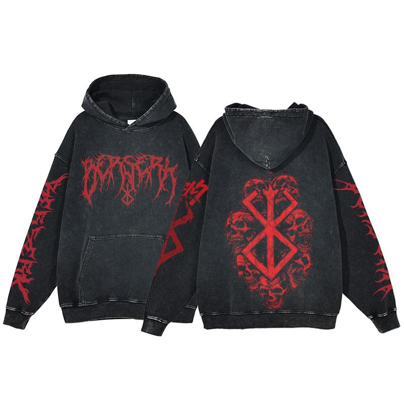 

Толстовка Berserk Anime Acid Washed Hoodie Мужская одежда Винтажные хлопковые толстовки Женские толстовки с капюшоном в стиле хип-хоп Одежда Y2K Oversized L белый/чёрный