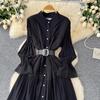 Vestido Chic de Encaje Slim con Cuello Mao de Manga Larga Empalmado de Botonadura Sencilla High Street Vintage Noche Mujer Ropa Otoño Invierno