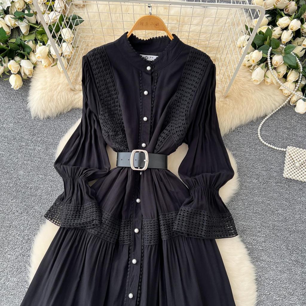 Vestido Chic de Encaje Slim con Cuello Mao de Manga Larga Empalmado de Botonadura Sencilla High Street Vintage Noche Mujer Ropa Otoño Invierno