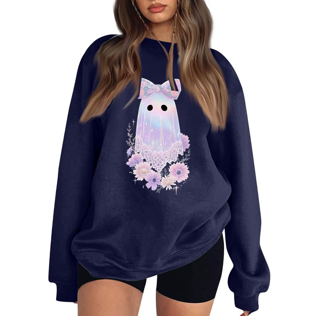 Women's Neck Long Sleeve Loose Fit Casual Sweatshirt Pullover Top with Halloween Print