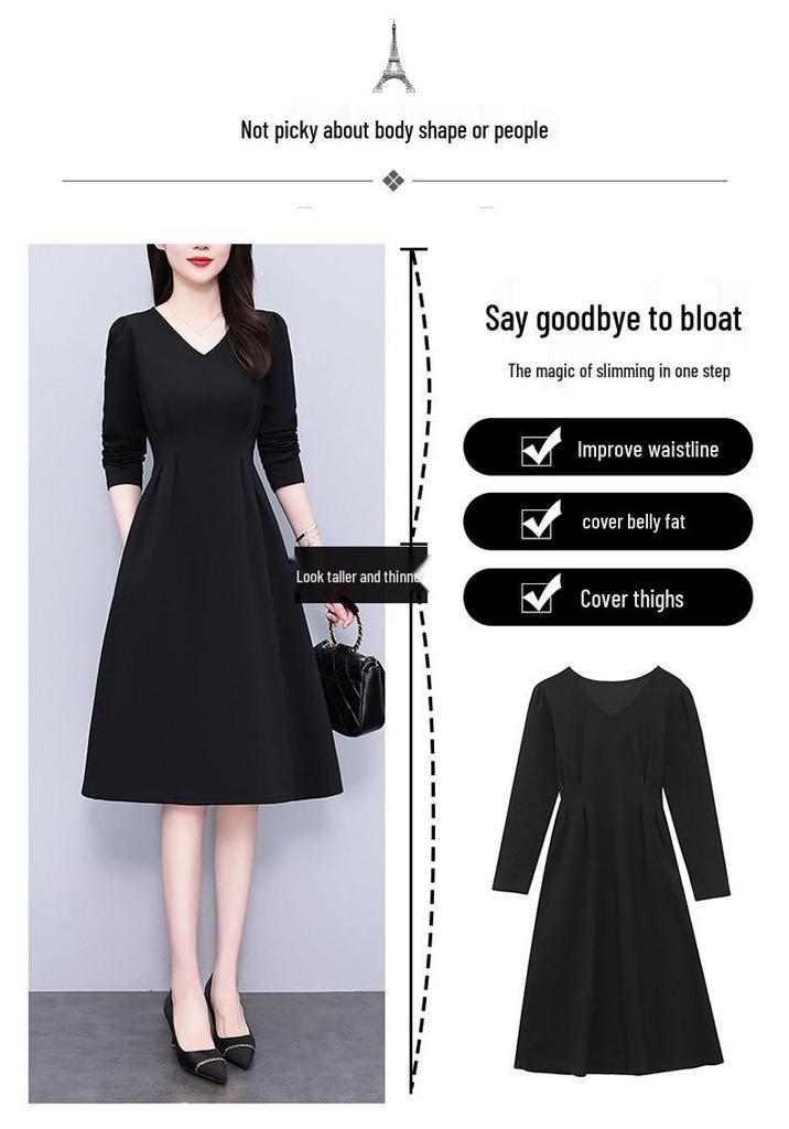Elegant Black V-Neck Plus-Size Long-Sleeve Dress for Spring and Autumn