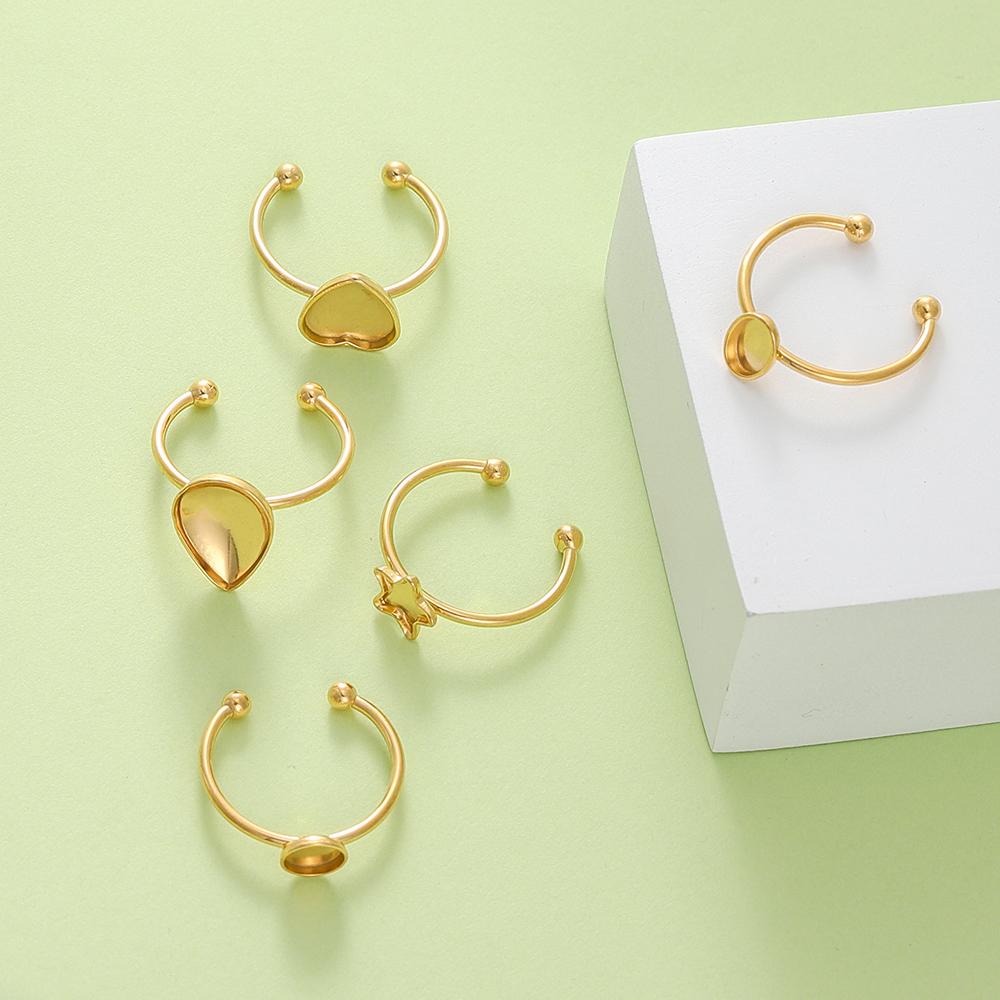 5pcs Gold Color Stainless Steel Open Ring Cabochon Cameo Blank Tray Base Settings for DIY Rings Jewelry Making Findings Supplies