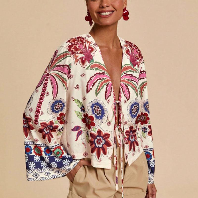 Bohemian Vintage Large Floral Print Tie Front Cardigan Women Fall Long Sleeve V-Neck Open Front Romantic Lazy Style Layering Piece