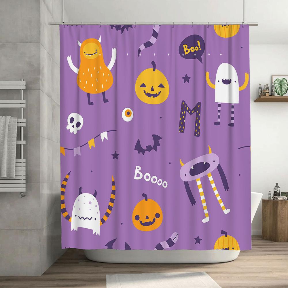 Whimsical Halloween-themed shower curtain featuring spooky monsters with a touch of fun ideal for adding some spookiness to your