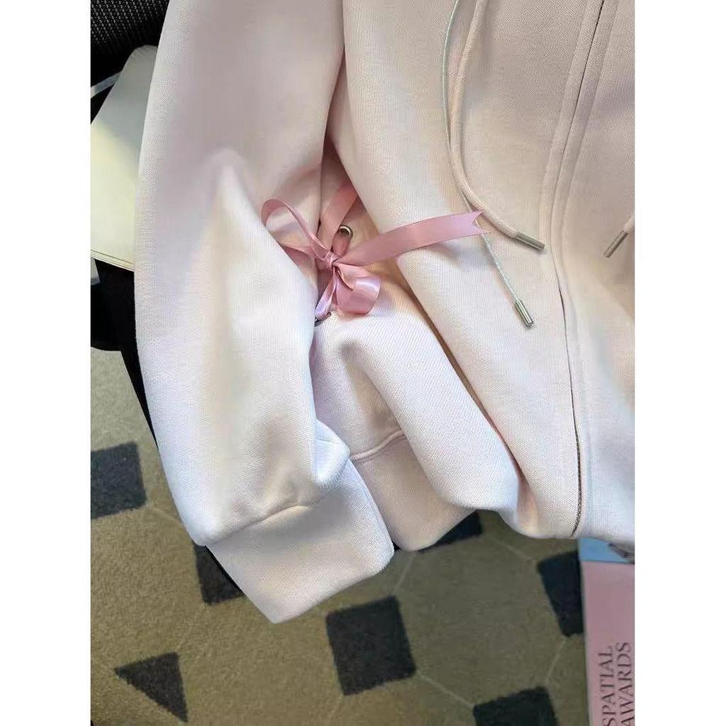 Women's Sweet Preppy Pink Hooded Sweatshirt - Bow Cardigan for Autumn/Winter