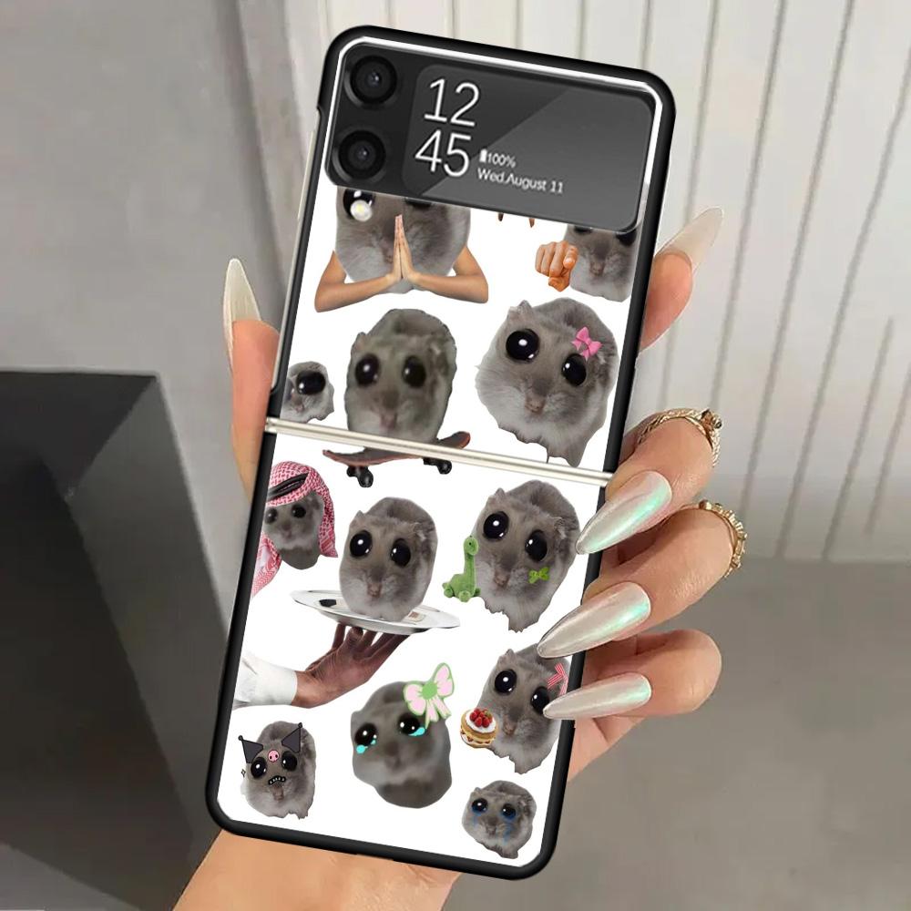 Funny Sad Hamster Meme Hard PC Phone Case For Samsung Galaxy Z Flip 7 6 5 4 3 Black ZFlip7 ZFlip6 Flip5 Flip4 Flip3 5G Print Cov
