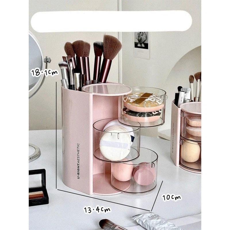 360-Degree Rotating Cosmetic Storage Box Dustproof Multi-Functional For Storing Brushes Sponges And Lipstick