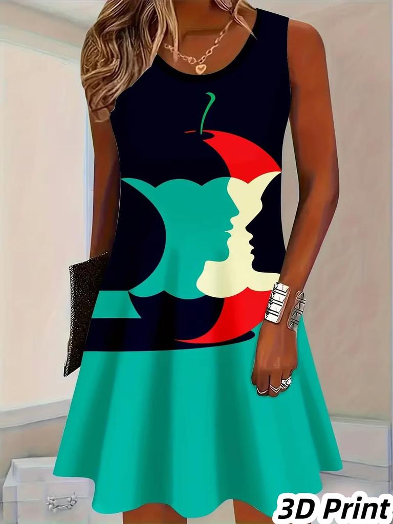 Lässiges Damen Tanktop-Kleid Sommer Ärmellos O-Ausschnitt 3D-Druck Locker A-Linien-Kleid Strand-Westenkleid