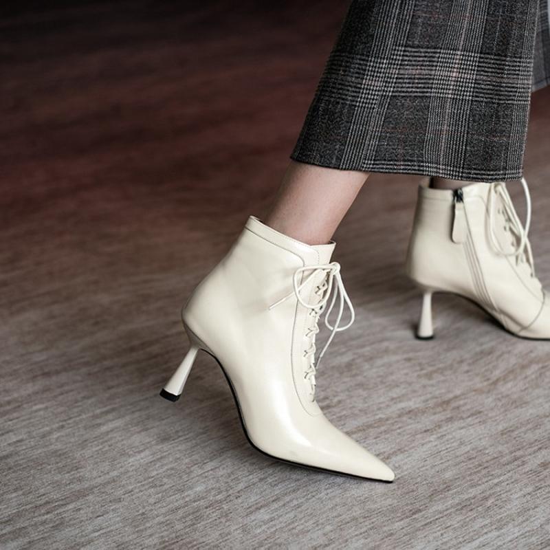 Fashion NEW Fall Shoes Women Pointed Toe High Heel Shoes Split Leather Shoes Thin Heel Ankle Boots Women Sexy Mature Zipper Modern Boots