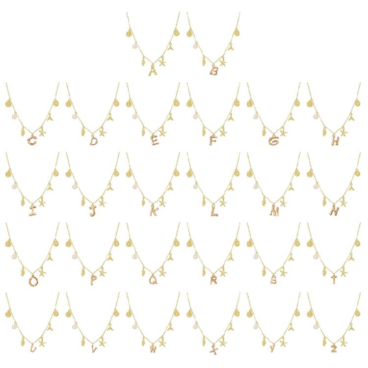 Ocean Theme Gold Charm Necklace with Initial Shells Letter Pendant Suitable for Surfer Girls and Beach Enthusiasts