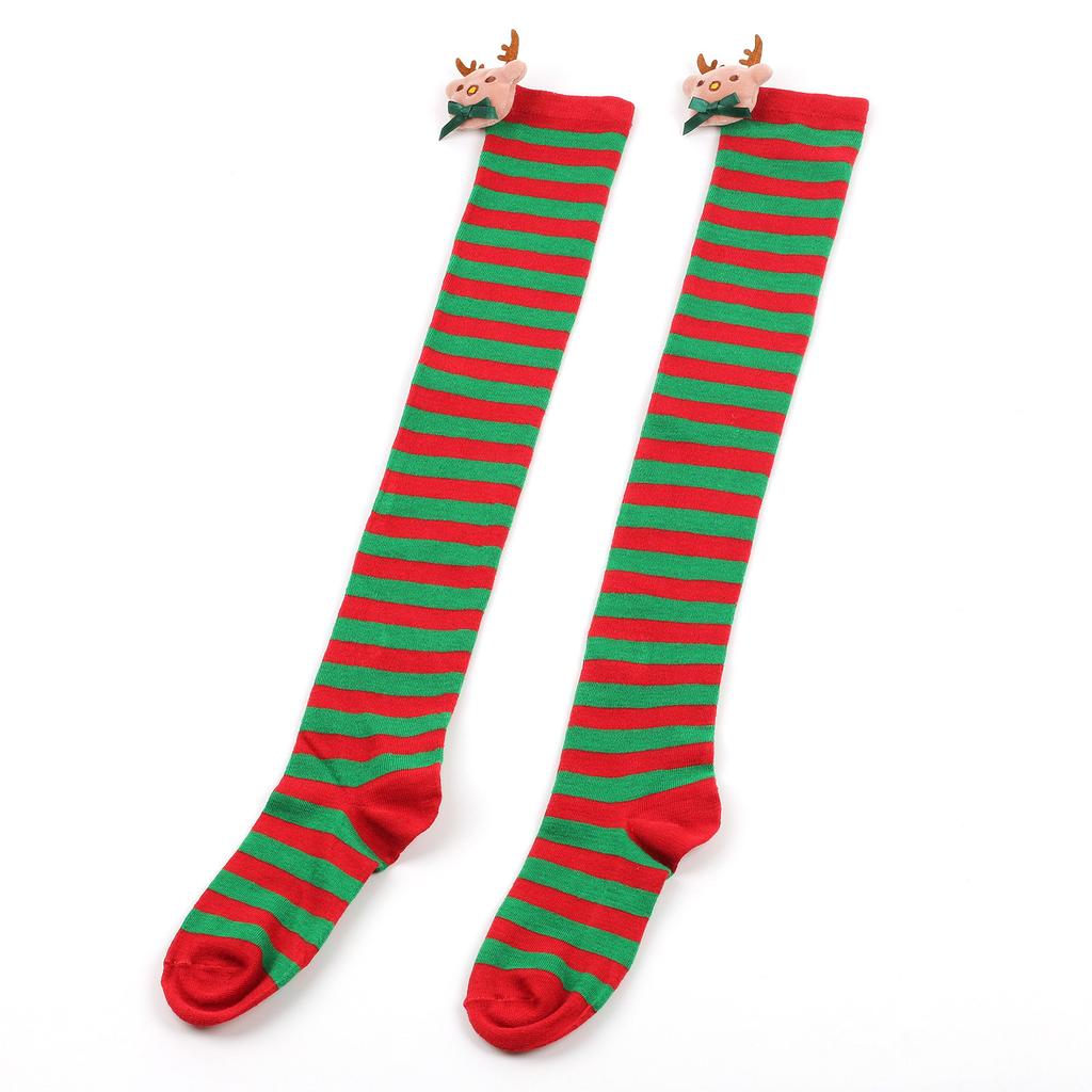 Women Cartoon Plush Elk Bowknot Striped Over Knee Long Socks Thigh High Stockings for Christmas Cosplay Costume Hosiery