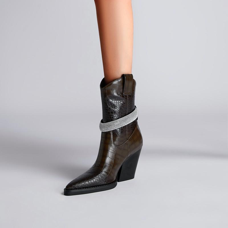 Fashion Kaky's New Pointed Stone Water Diamond Thick High Heel Large Women's Boots Short Boots Western Boots