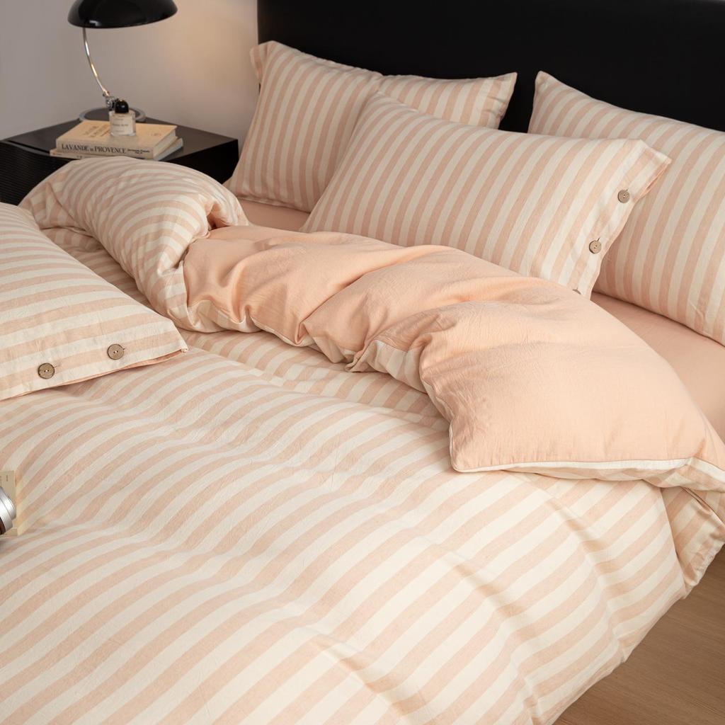 Spring/Summer Premium Cotton and Linen Four-piece Set with Buttoned Duvet Cover in Simple Stripes/Checks