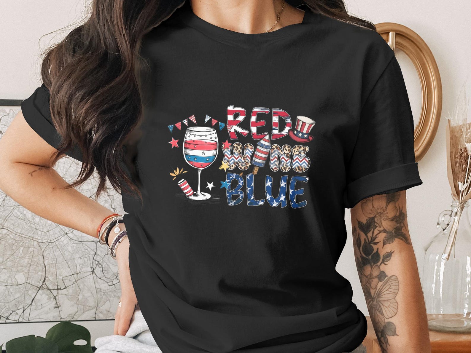 Red Wine Blue T-Shirt, 4th of July Shirt, Patriotic Wine Lover Gift Tee, Independence Day Celebration USA Flag Shirt, Summer BBQ Party L