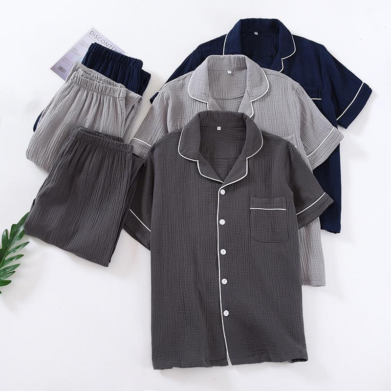 Męski Lekki Bawełniany Piżamowy Zestaw z Gniecionej Bawełny – Krótki Rękaw, Podwójna Warstwa, Do Noszenia w Domu i na Zewnątrz