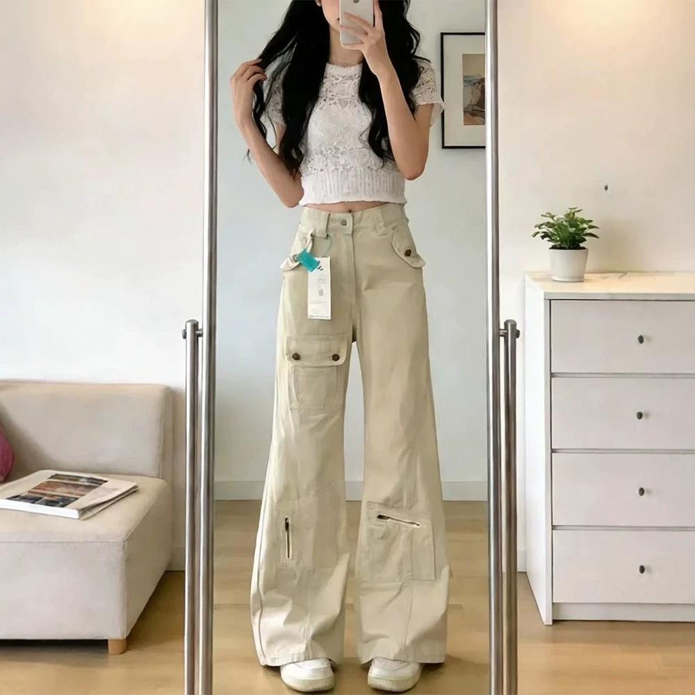 Women s High Waist Khaki Cargo Jeans Wide Leg Straight Leg Micro Flare Denim Pants Streetwear S хаки