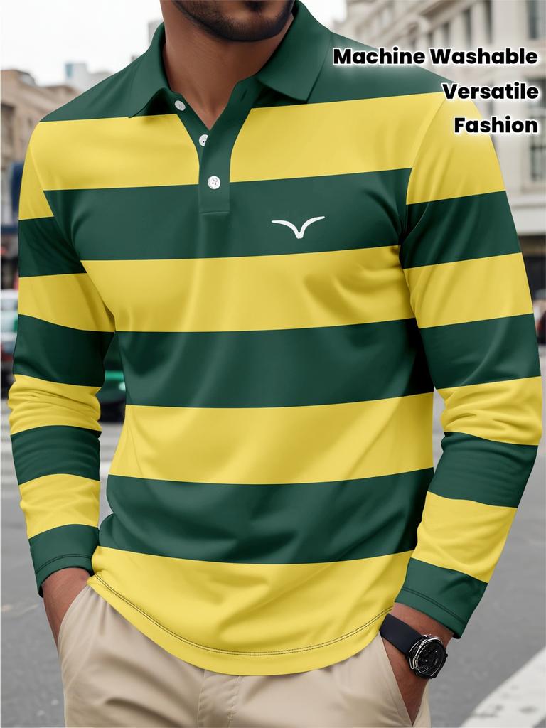 Lightweight Breathable Fashion Long Sleeve Polo Shirt with Stylish Geometric Pattern.