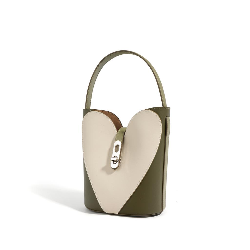New color matching cowhide shoulder bag niche texture bag popular messenger bag genuine leather hand carry bucket bag commuter bag