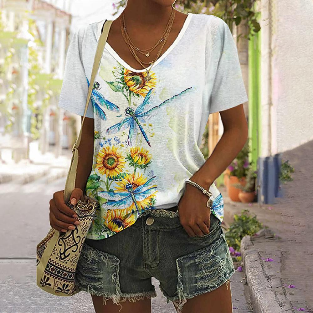 Daily Fashion V-neck Short Sleeve Tops Sunflower Patterns Printed Plus Size Loose Women's Clothing Outdoor T-Shirt